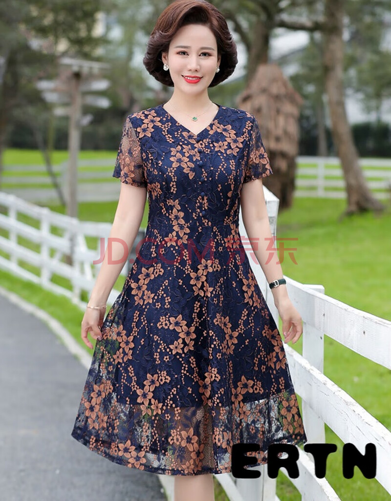 ertn 轻奢品牌 中年妈妈短袖蕾丝连衣裙女高贵新款夏装中老年气质长裙
