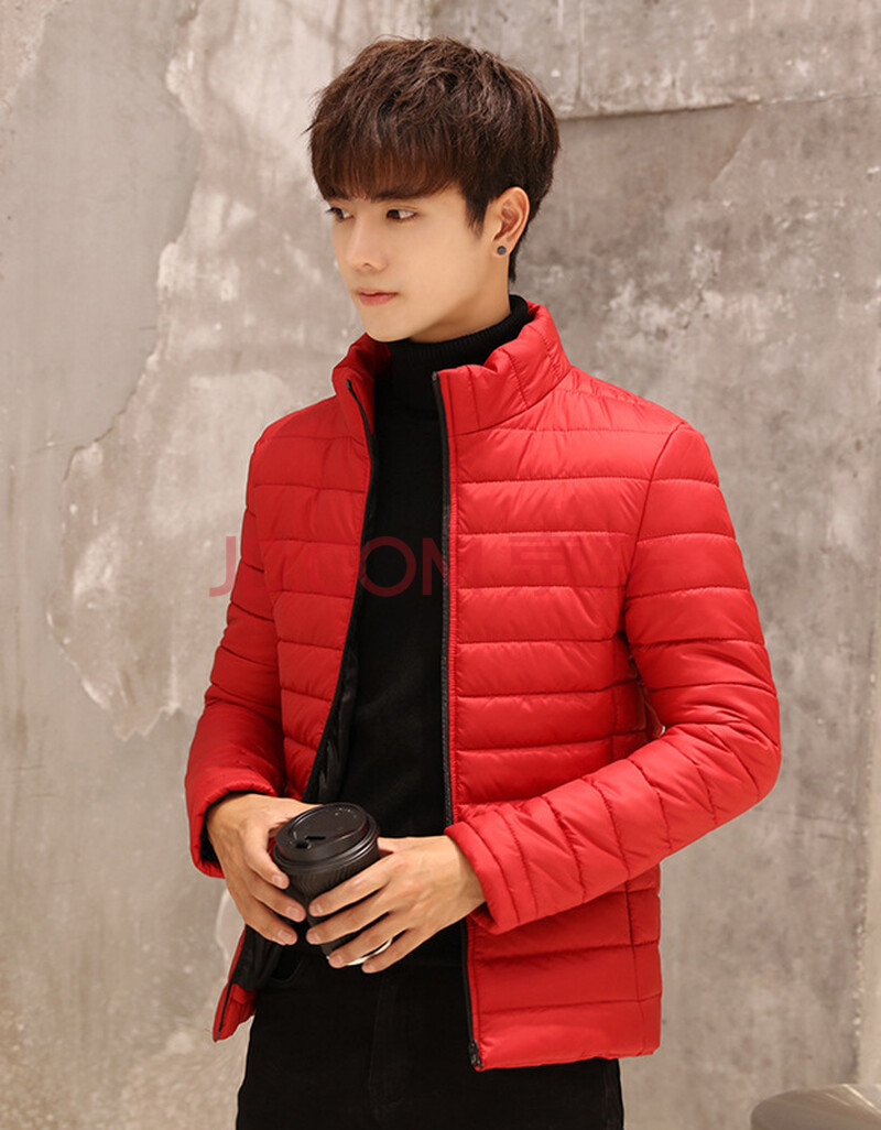 秋冬季男士棉服立领纯色加厚保暖青年修身休闲大码棉衣男 红色 xxxl