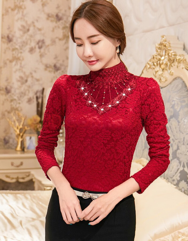红粉宣言冬季新款百搭显瘦加厚加绒半高领蕾丝打底衫女长袖酒红色3xl