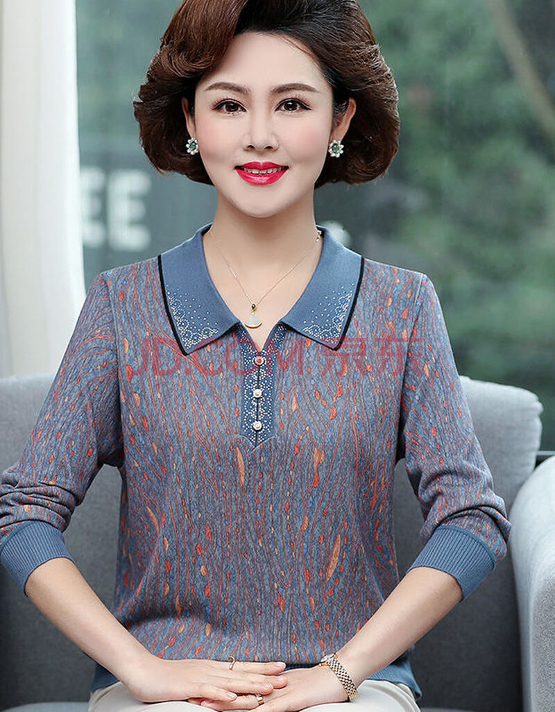 长袖打底小衫 妈妈装秋季新款翻领毛衣中老年女大码50岁奶奶上衣 6201
