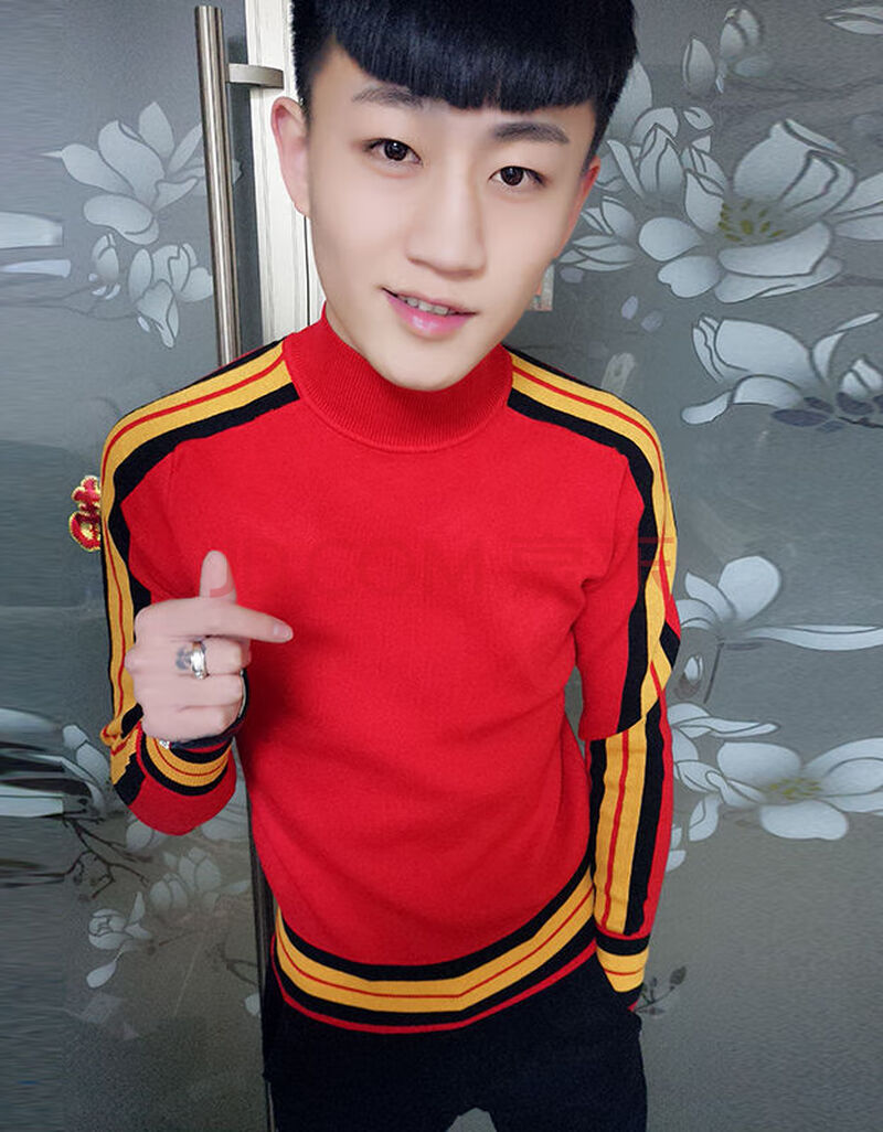 毛衣韩版修身精神小伙潮牌条纹潮流个性社会人针织衫 织带毛衣 红色 s