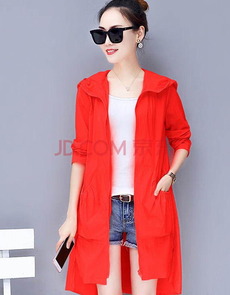 衣女中长款宽松2020夏季新款大码胖mm时尚防晒服女薄透气外套 红色
