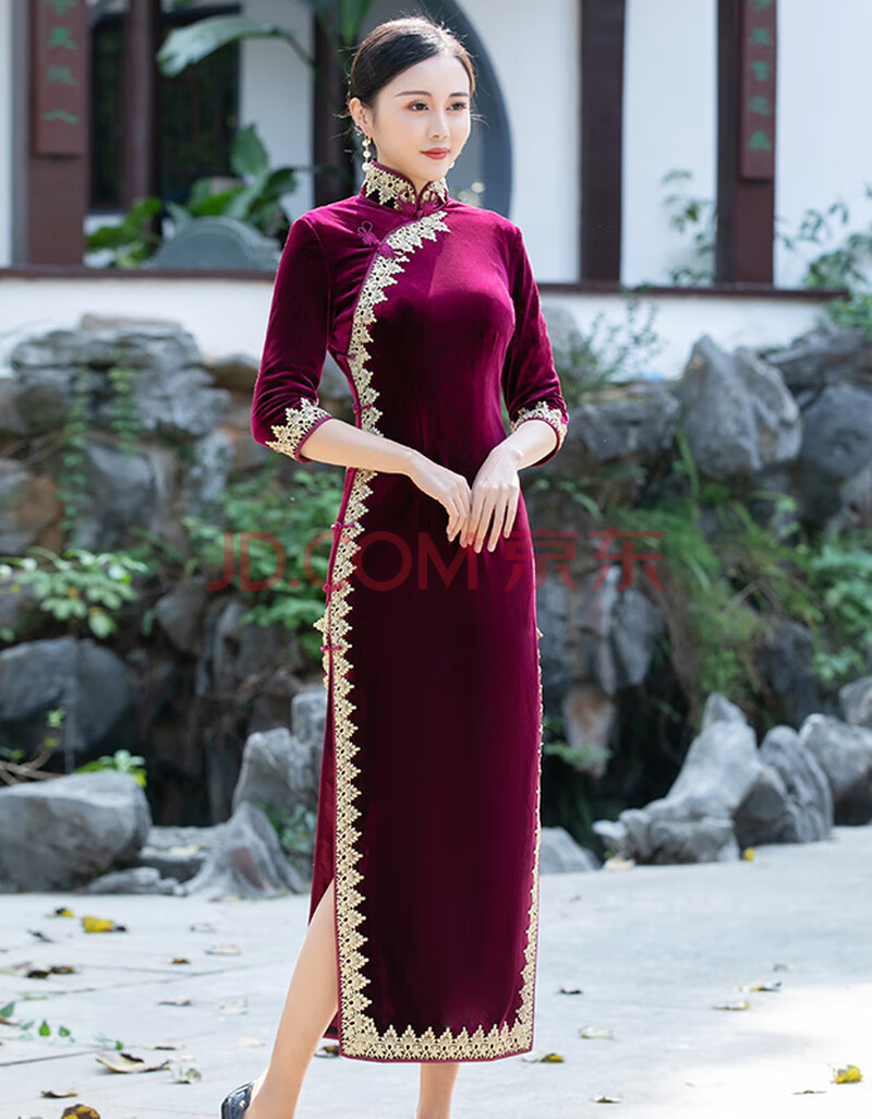 春季新款紫色金丝绒蕾丝花边长款旗袍中年妈妈 紫红色 xl