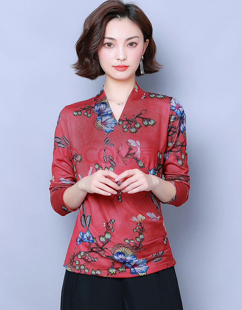 贵夫人阔太印花v领中国风打底衫女长袖洋气百搭民族风