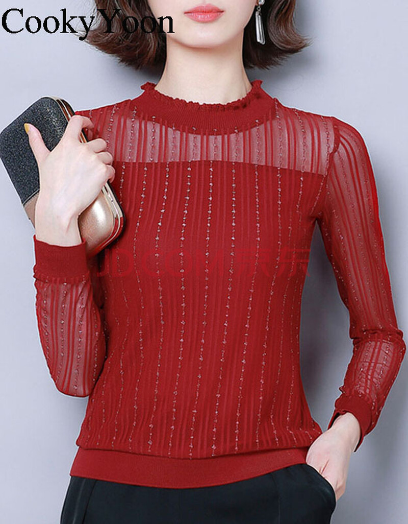 蕾丝衫女长袖2020春夏季新款亮丝网纱圆领打底衫百搭长袖小衫女 红色