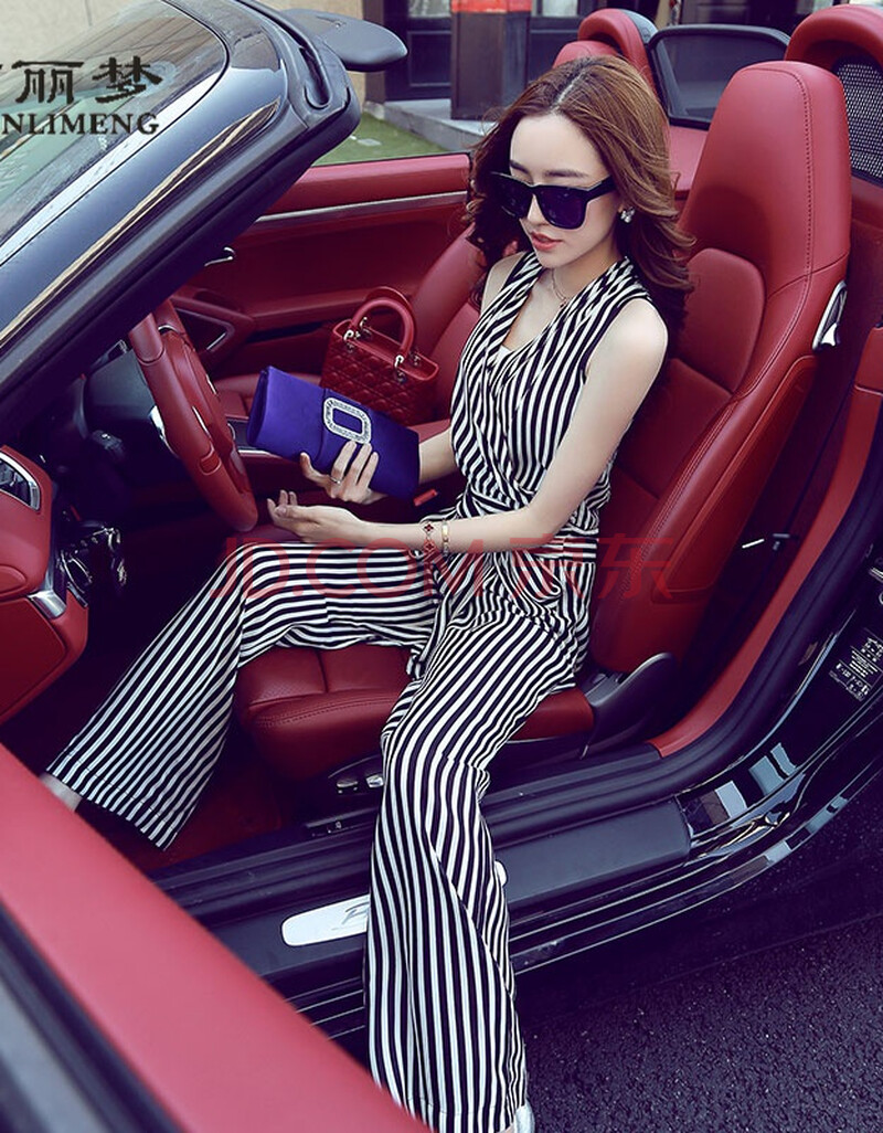 炫丽梦条纹连体裤女2020夏季休闲裤新款女装v领无袖连体衣套装 白条 s