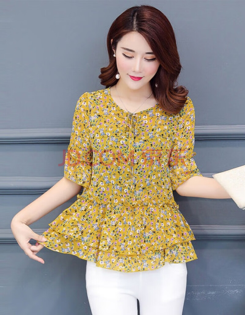 衫短袖女2019夏季大码宽松遮肚中长款胖mm喇叭袖印花雪纺上衣 黄碎花