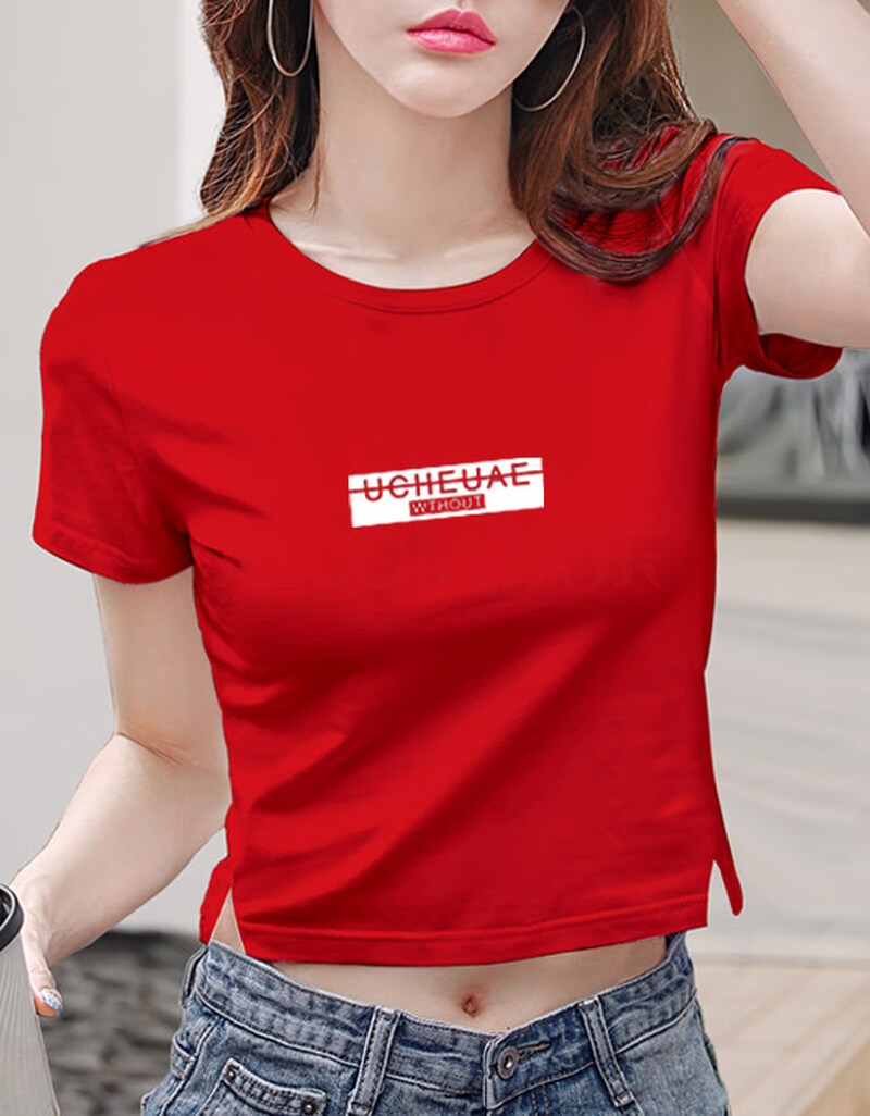 短款t恤女短袖大红色修身漏肚脐高腰性感显瘦紧身半袖露脐上衣女 红色