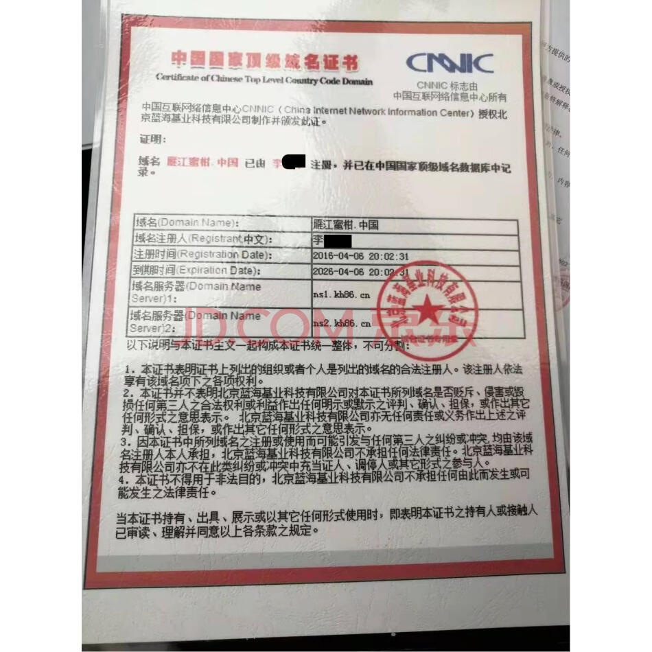 （无形资产）域名：雁江蜜柑.中国