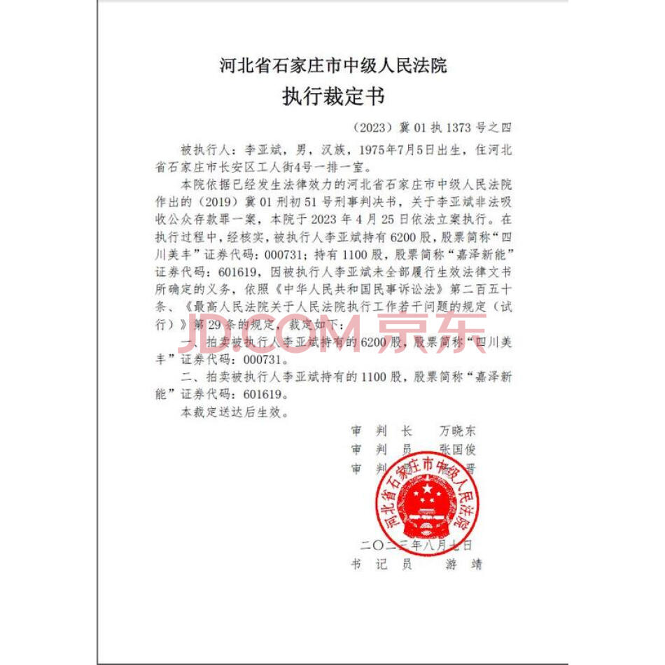 李亚斌持有的宁夏嘉泽新能源股份有限公司1100股“嘉泽新能”无限售流通股