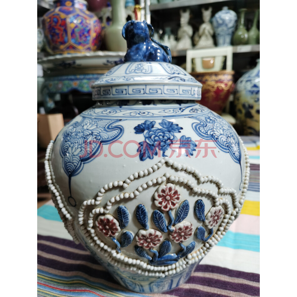 藏品处置P-99（元朝）成吉思汗登基四面开光青花釉里红花绘纹饰盖罐官窑