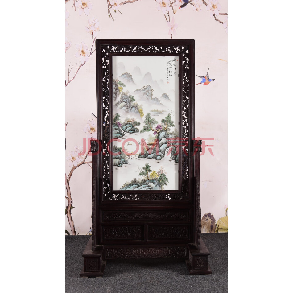 查封资产W12-1037粉彩山水《锦绣江南》和青花山水《琼楼觀景》瓷板画竖插双面座屏