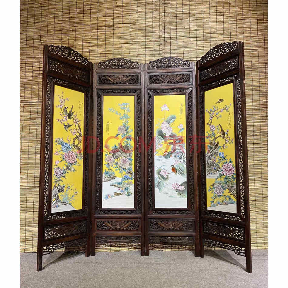 查封资产A125272旧藏花梨木镶瓷板画四折屏风