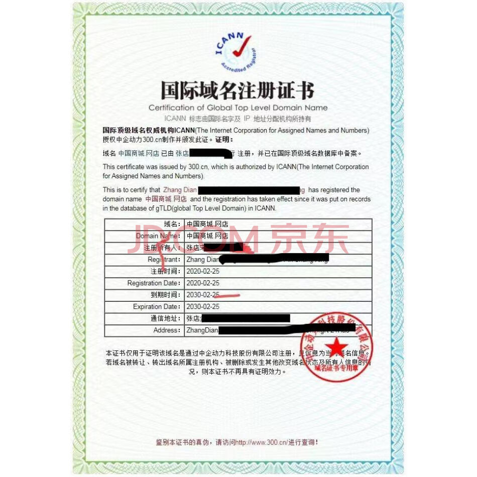 （无形资产）域名：中国商城.网店