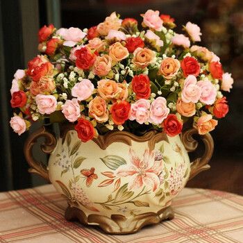 鱼西美屋 欧式仿真花套装玫瑰装饰花瓶干花 客厅家居饰品摆件装饰品假花卉花艺 结婚礼物礼品