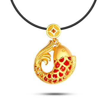 尚金珠宝 鱼你相遇 足金吊坠 3d工艺 硬金镶红锆石吊坠 吉祥鱼系列 "