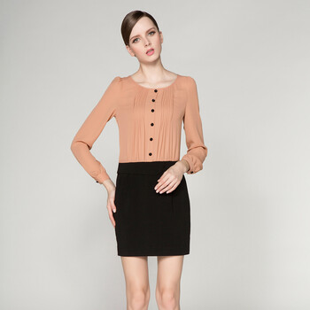 osa2014春新款女装撞色长袖拼接褶皱连衣裙sl32019 深肉粉色 xs