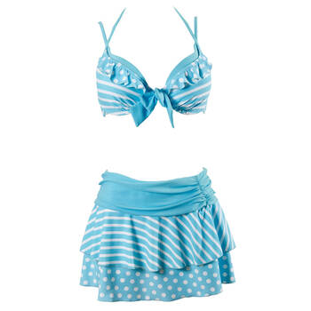 泳衣女小胸聚拢钢托比基尼三件套 裙式性感温泉泳装112501660 兰白条