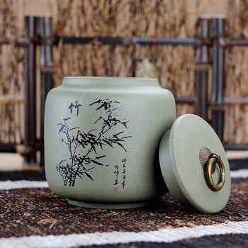 
                                                                                宏中紫砂茶叶罐大号手工存茶醒茶密封罐普洱罐茶叶缸茶盒茶叶盒茶具礼盒套装梅兰竹菊 绿泥                