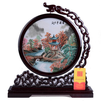 长沙名胜爱晚亭刺绣 单龙头实木架雕花框架 室内高雅摆件 湖南特色