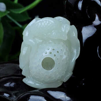 和田玉青白玉苏工精雕玉玲珑手把件 鱼篓 金玉满堂玉把件 玉石玉器 附