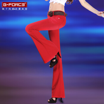 杰佛思G-force 2015秋装上新韩版显瘦低腰微喇裤糖果色喇叭牛仔裤女A120033 大红色磨白 29