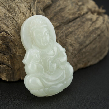 御美祺 开光和田玉青白玉器保平观音菩萨吊坠玉观音挂件(附鉴定证书)