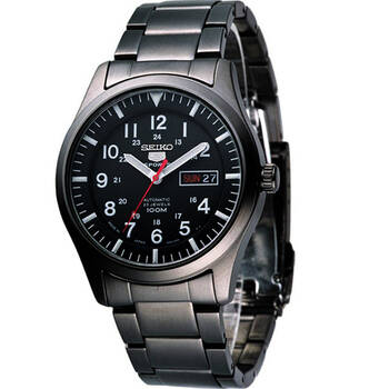 精工seiko光明战将5号ip电镀黑自动运动男表snzg17j1