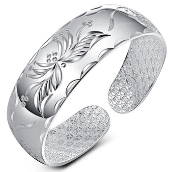 【汇韩】999千足银手镯 41克纯银手镯 开口宽版民族风银镯子 双鱼戏莲