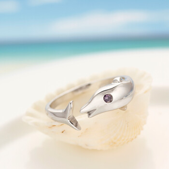 月老 海豚 925纯银戒指女开口 尾戒指环 纯银饰品 时尚戒指 紫晶中号