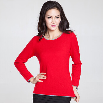 欧莉正品 秋冬新款女士 圆领纯山羊绒衫 多色修身针织衫百搭毛衣 红色
