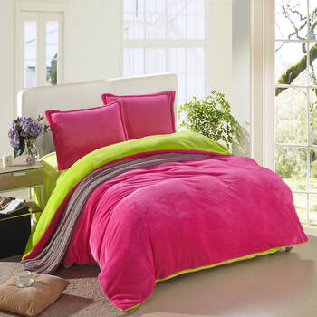 > 优一佳 法兰绒 加厚 四件套 时尚素色双拼纯色 床上用品 玫红 果绿