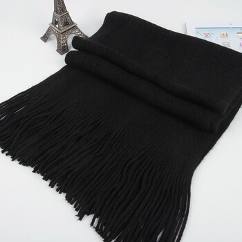 韩版仿羊绒女士秋冬季纯色毛线围巾情侣款 时尚百搭流苏wj029 黑色