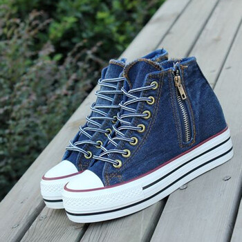 远波双拉链女士内增高水洗牛仔布帆布鞋女鞋休闲板鞋潮6070 深蓝 39