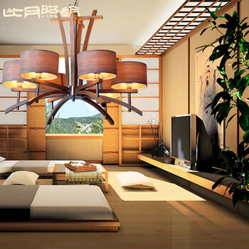 比月照明 现代简约客厅餐厅灯具创意东南亚水曲柳木质三头六头餐厅LED吊灯3221 六头