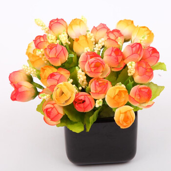 qq玫瑰高仿真花套装塑料装饰花束假花绢花干花插花 客厅餐桌摆设 橙色