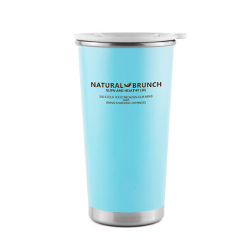 oneday咖啡杯子 创意带盖办公杯随手水杯子 不锈钢双层淡彩杯400ml 淡蓝色