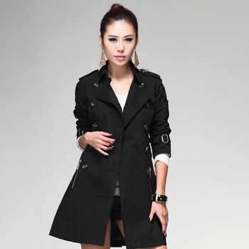 沃谷秋冬新品简约时尚双排扣女装长外套 棉质休闲外套长款风衣 黑色 s