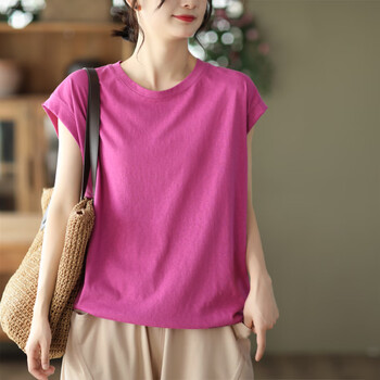 米可杉园园美衣夏季新款文艺纯色上衣女士显瘦文艺圆领包袖t恤休闲