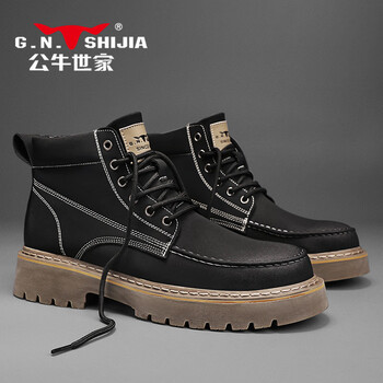 靴软皮宽头英伦皮鞋男高帮厚底复古工装短靴 黑色 39【图片 价格 品牌