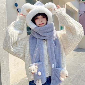 小熊围巾帽一体女冬季保暖可爱围脖冬天连帽护耳毛绒三件套手套 立体