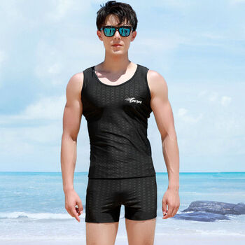 泳衣男防尴尬专业男士游泳套装速干五分游泳裤上衣全身游泳装备黑色