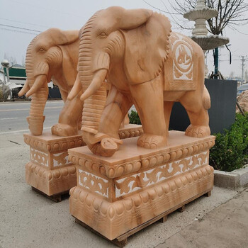 俊阳大型汉白玉石雕大象一对别墅酒店门口晚霞红大号石象抱鼓石门墩
