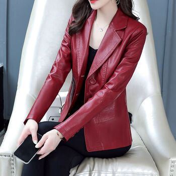 海宁纯皮衣女短款韩版中年人西装领小皮夹克外套酒红色2xl115斤125斤