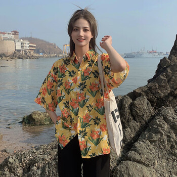 algori海南岛服沙滩情侣衬衣海边度假风短袖花衬衫女夏威夷度假衣服