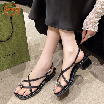 鞋柜达芙妮集团旗下夹趾一字带粗跟凉鞋女2024新款精致法式罗马鞋黑色