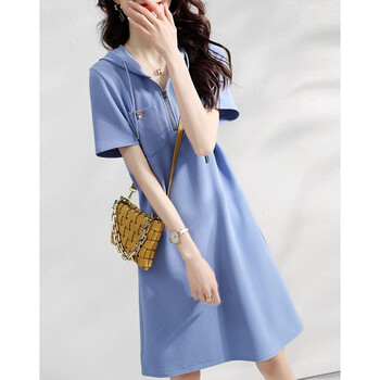 2023夏季新款女装时尚洋气休闲拉链裙子修身收腰显瘦连衣裙女蓝色m