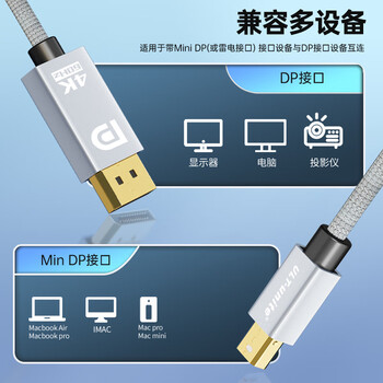 ULT-unite优籁特MiniDP转DP1.2迷你高清转接线4K双向小转大转换器雷电口240Hz苹果笔记本电脑显示器编织2米