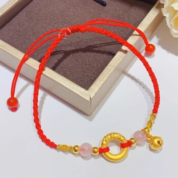 周定福大福黄金铃铛脚链红绳编织金箍圈足金转运珠女友礼物足金脚链足