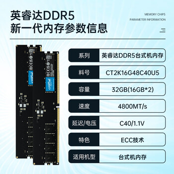 Crucial英睿达 32GB（16GB×2）套装 DDR5 4800频率 台式机内存条 美光（原镁光）原厂颗粒 AI电脑配件